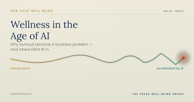 Cover image: 'Wellness in the Age of AI' with subtitle about burnout and ERGs, pale gradient background and a wavy line graphic.